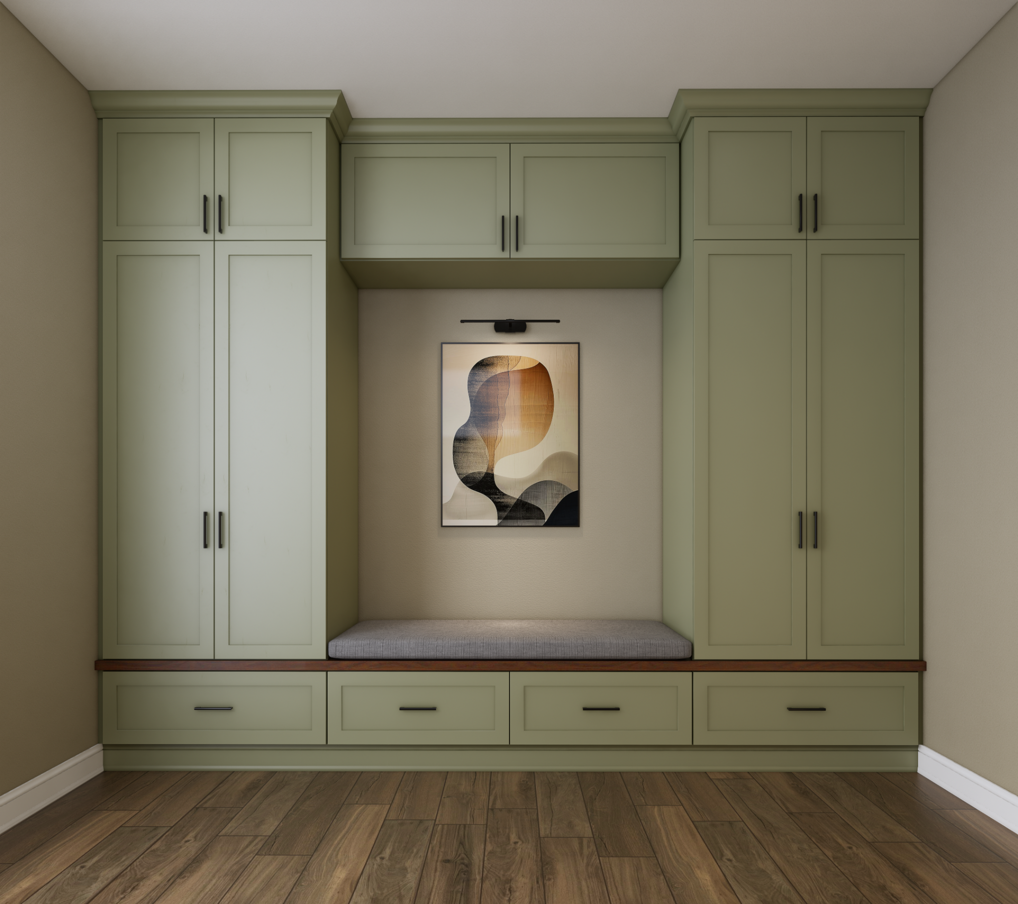 Green built-in mudroom cabinetry rendering