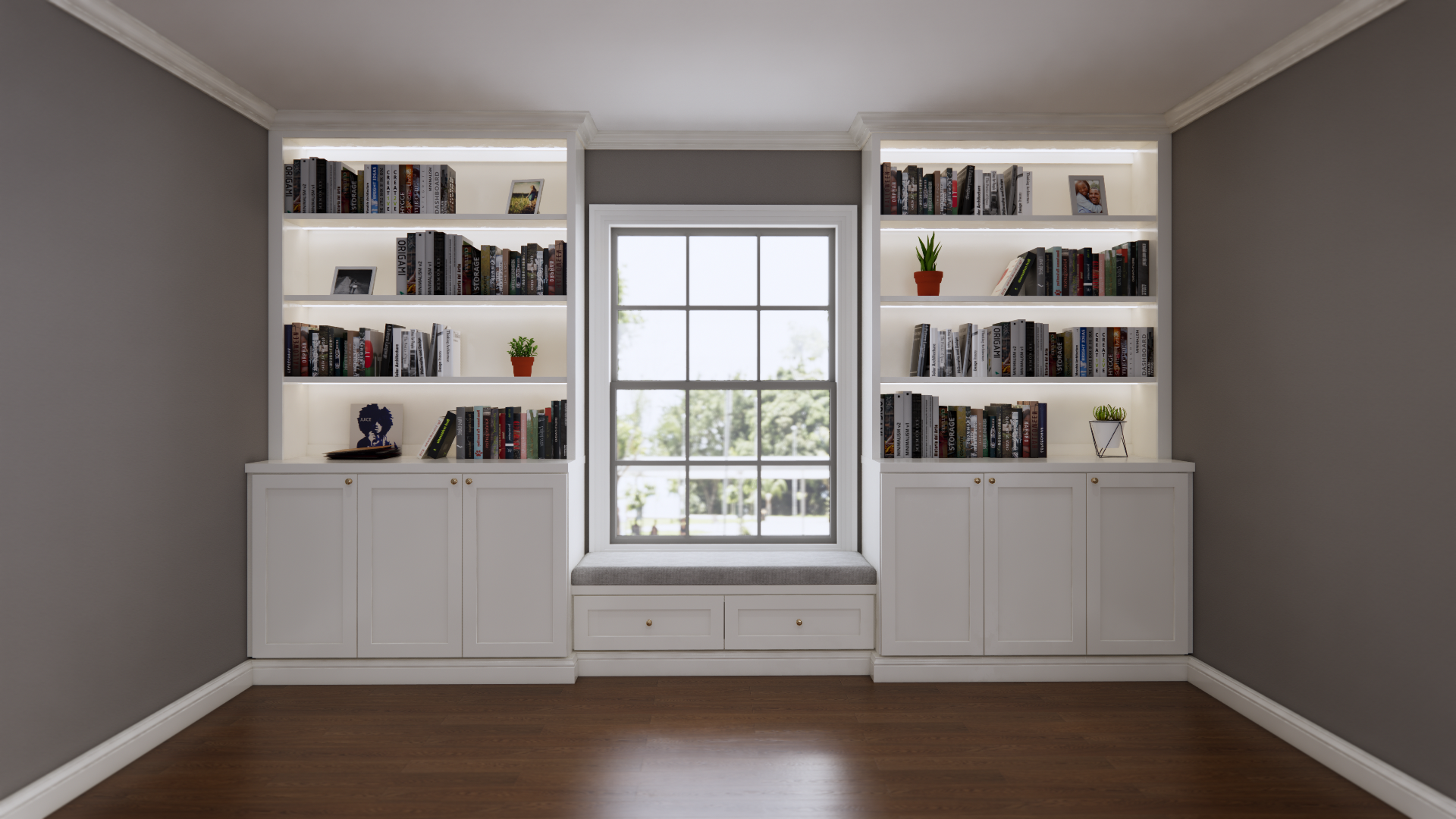 White built-in cabinets framing a window seat