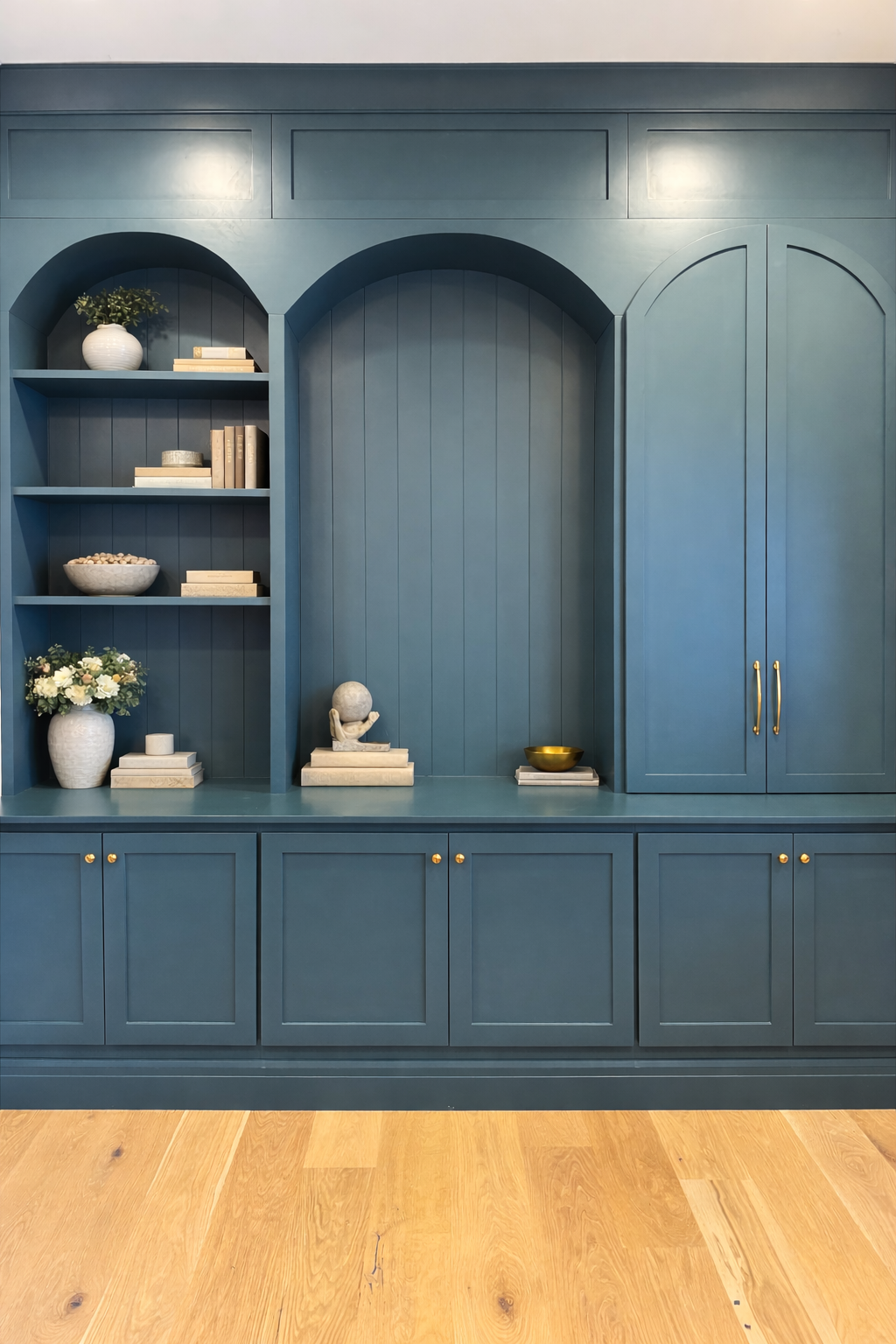 Finished blue arched built-in wall