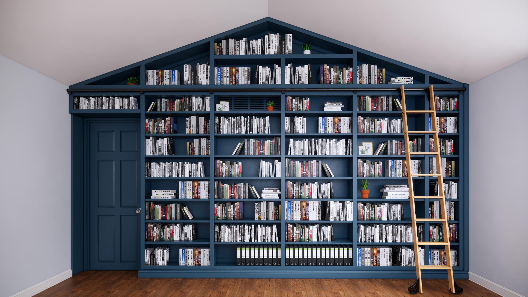 Wide blue library wall rendering with rolling ladder