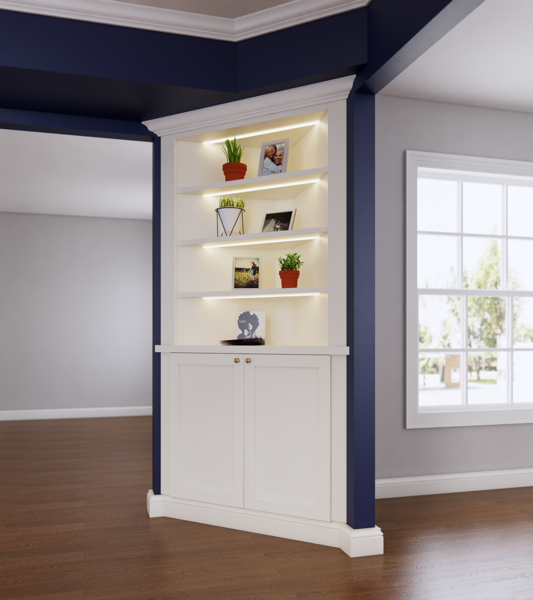 White lighted bookcase rendering set into a navy wall