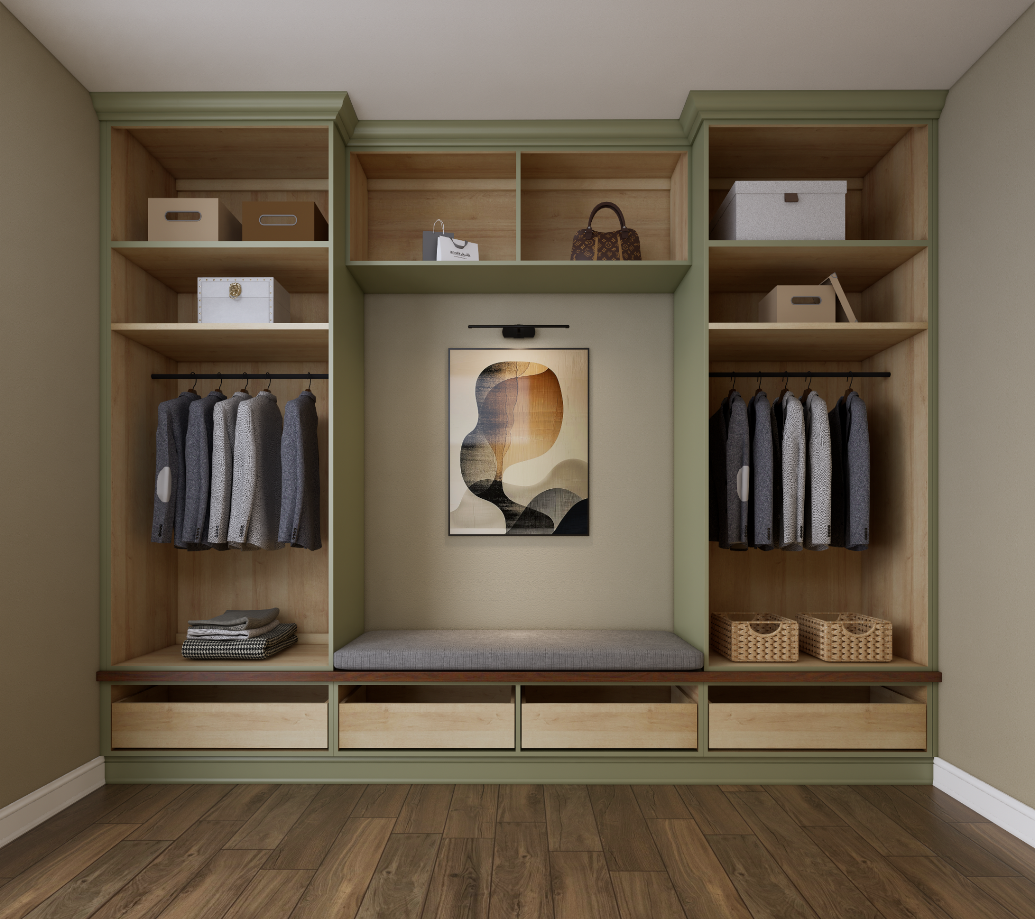 Open storage view of the green mudroom cabinetry