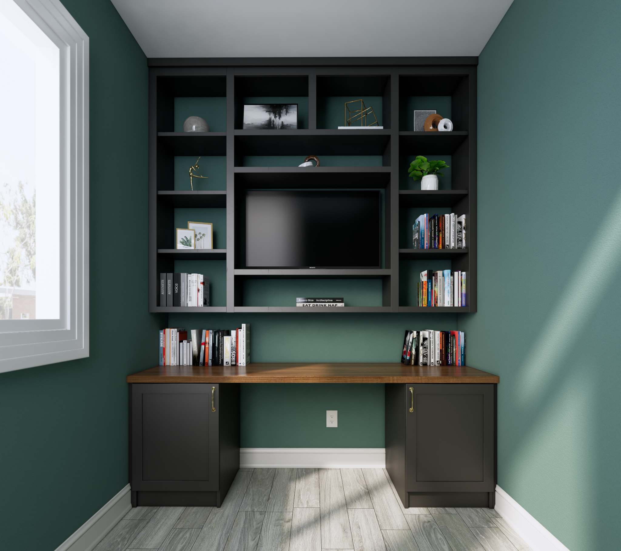 Photorealistic rendering of a dark custom office built-in