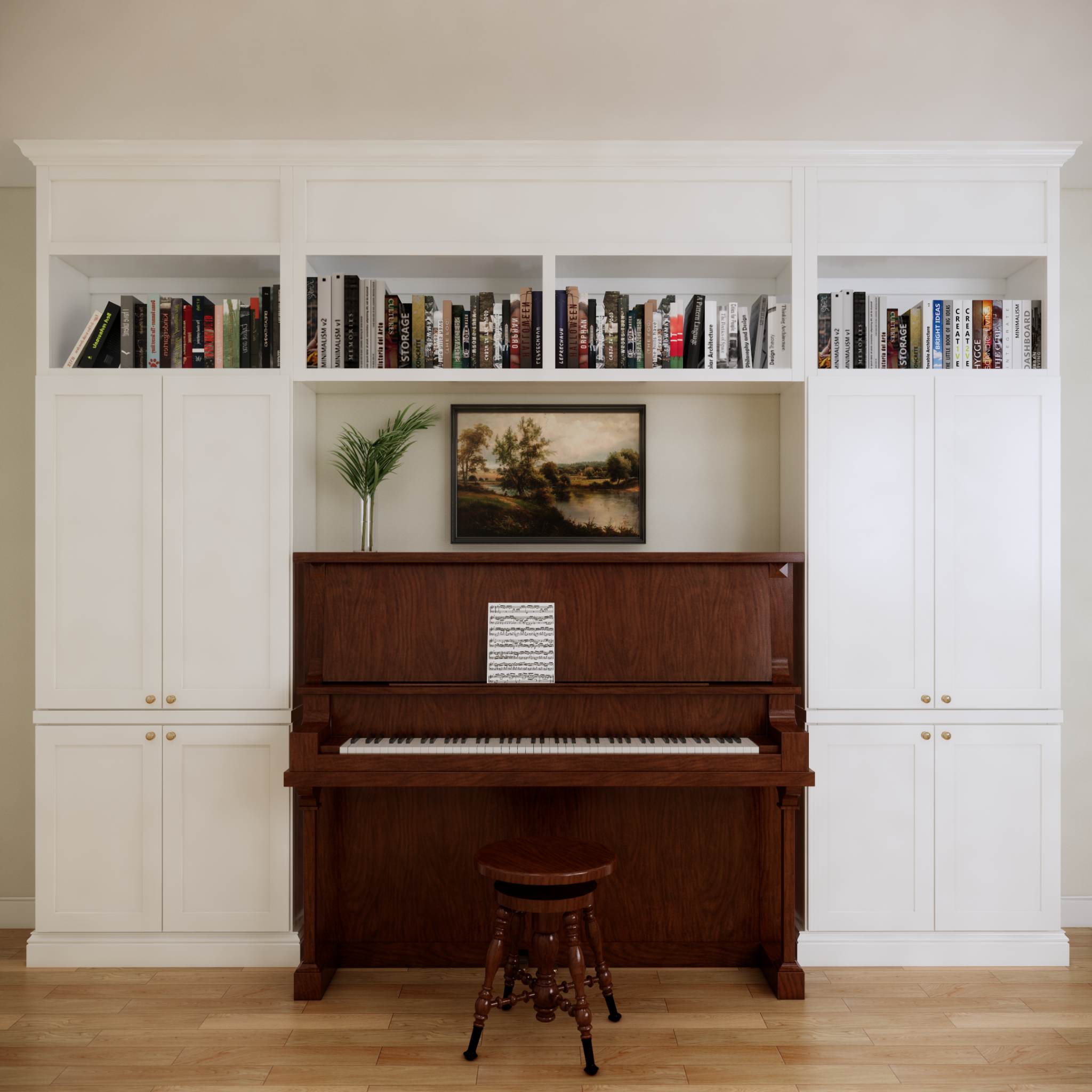 Rendering of white built-in cabinetry surrounding an upright piano